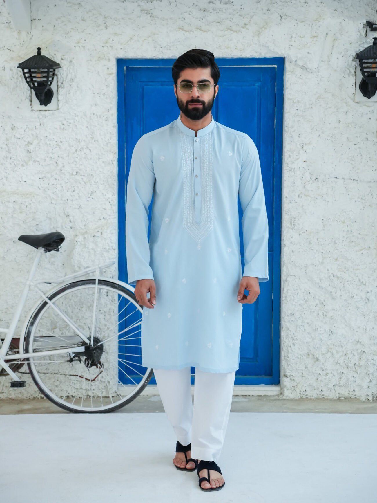 EW-103 - Sky Blue with White Resham Embroidered Kurta Pajama