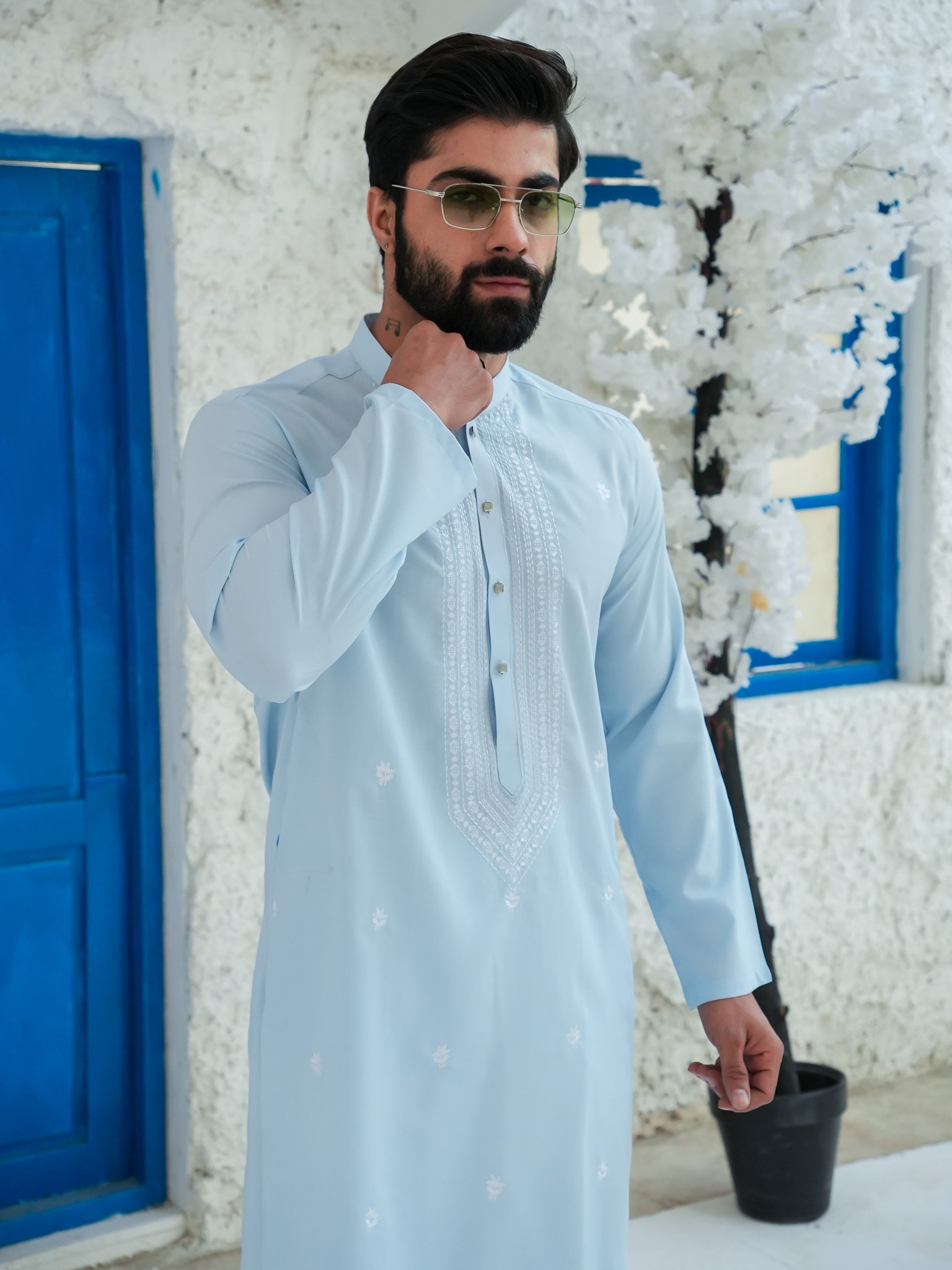 EW-103 - Sky Blue with White Resham Embroidered Kurta Pajama - Image 2