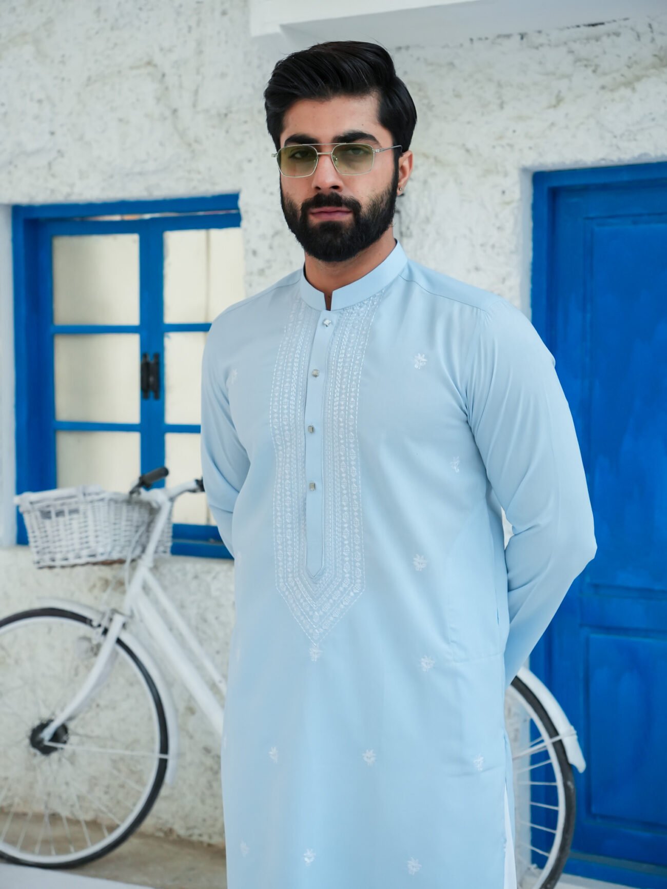 EW-103 - Sky Blue with White Resham Embroidered Kurta Pajama - Image 7