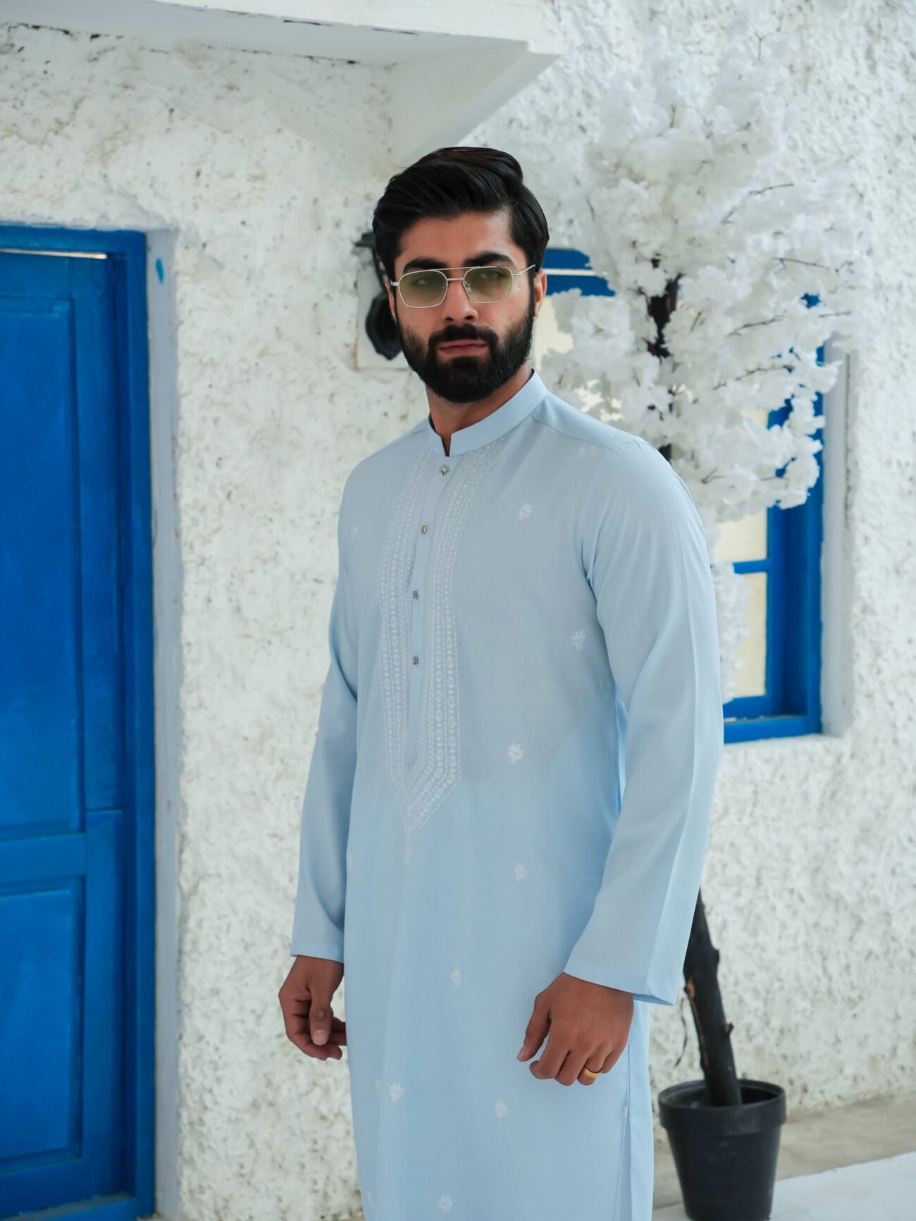 EW-103 - Sky Blue with White Resham Embroidered Kurta Pajama - Image 6