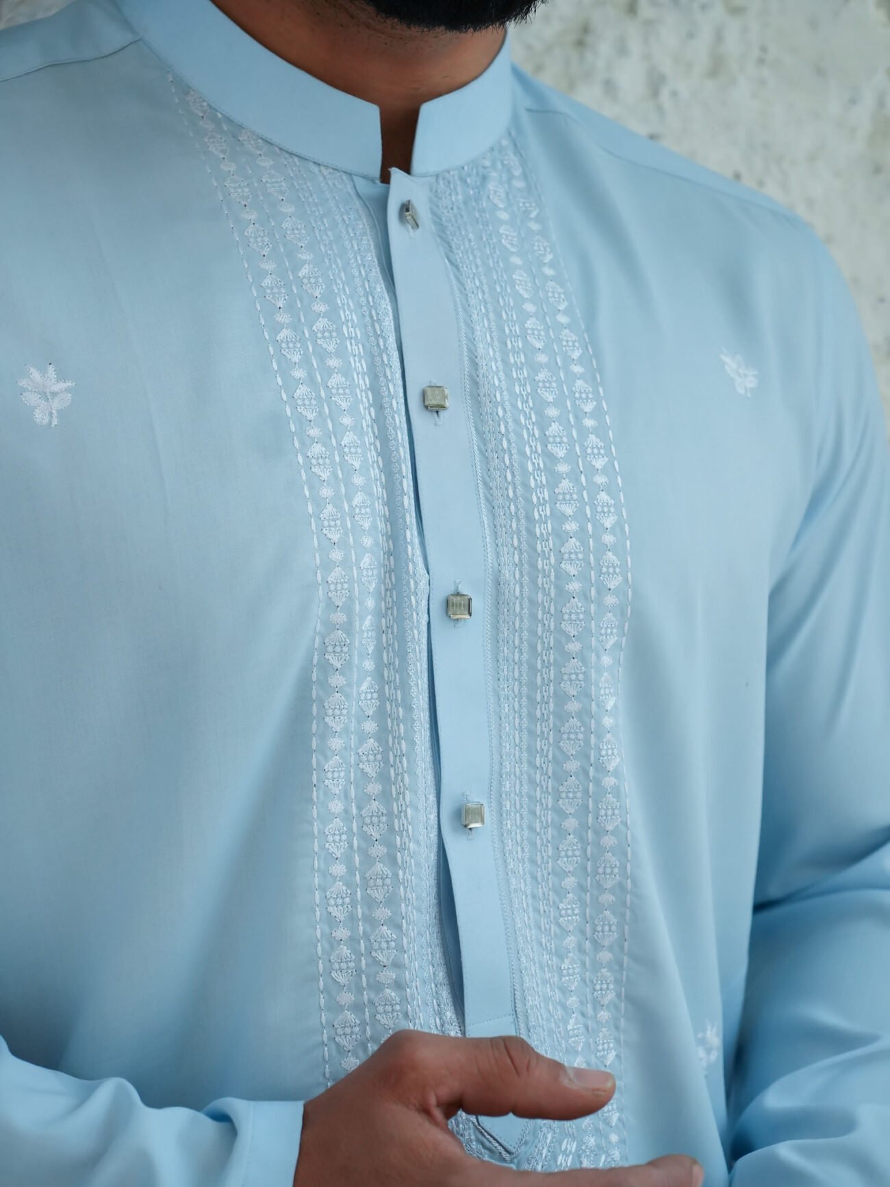 EW-103 - Sky Blue with White Resham Embroidered Kurta Pajama - Image 5