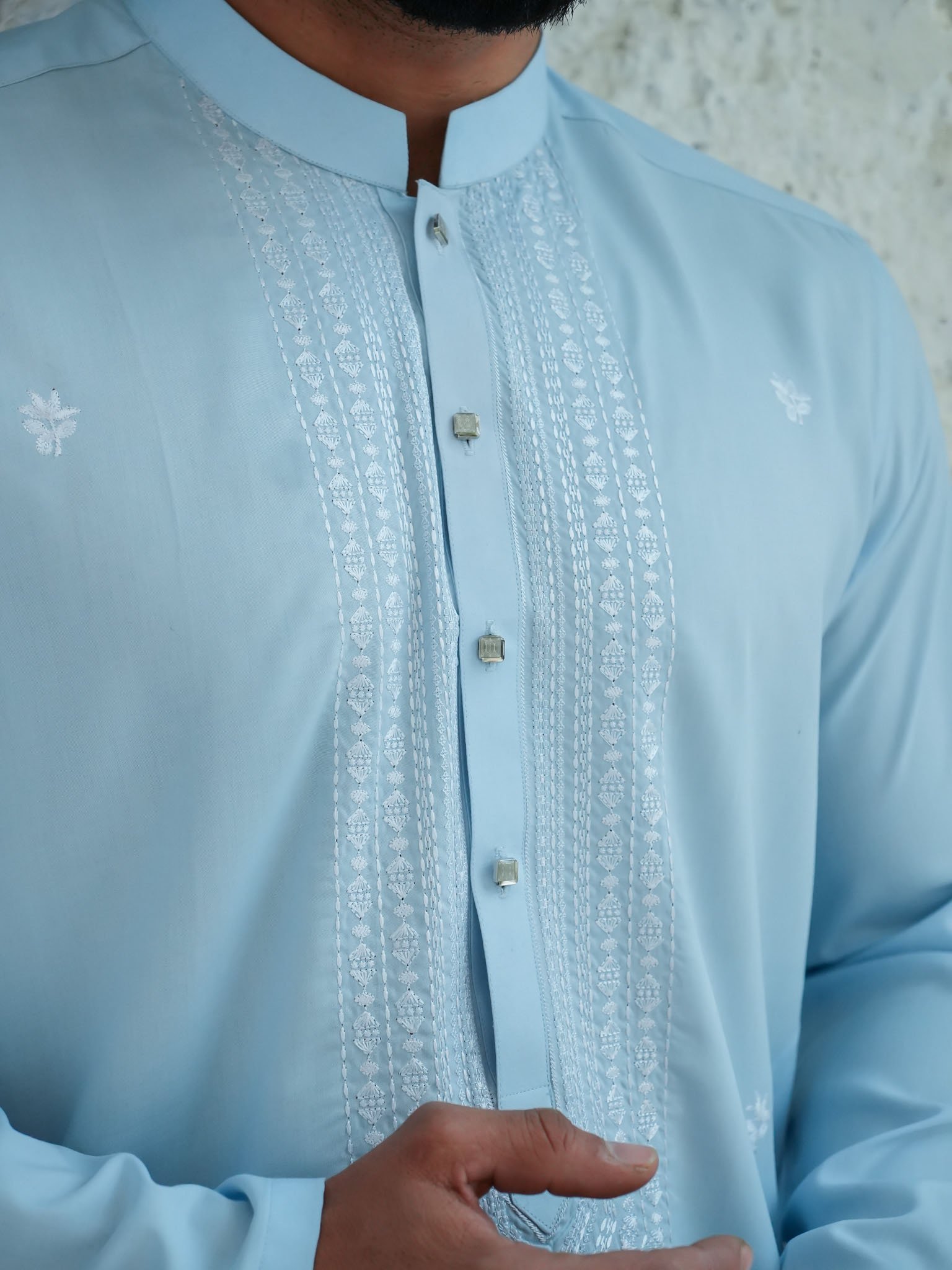 EW-103 - Sky Blue with White Resham Embroidered Kurta Pajama - Image 5