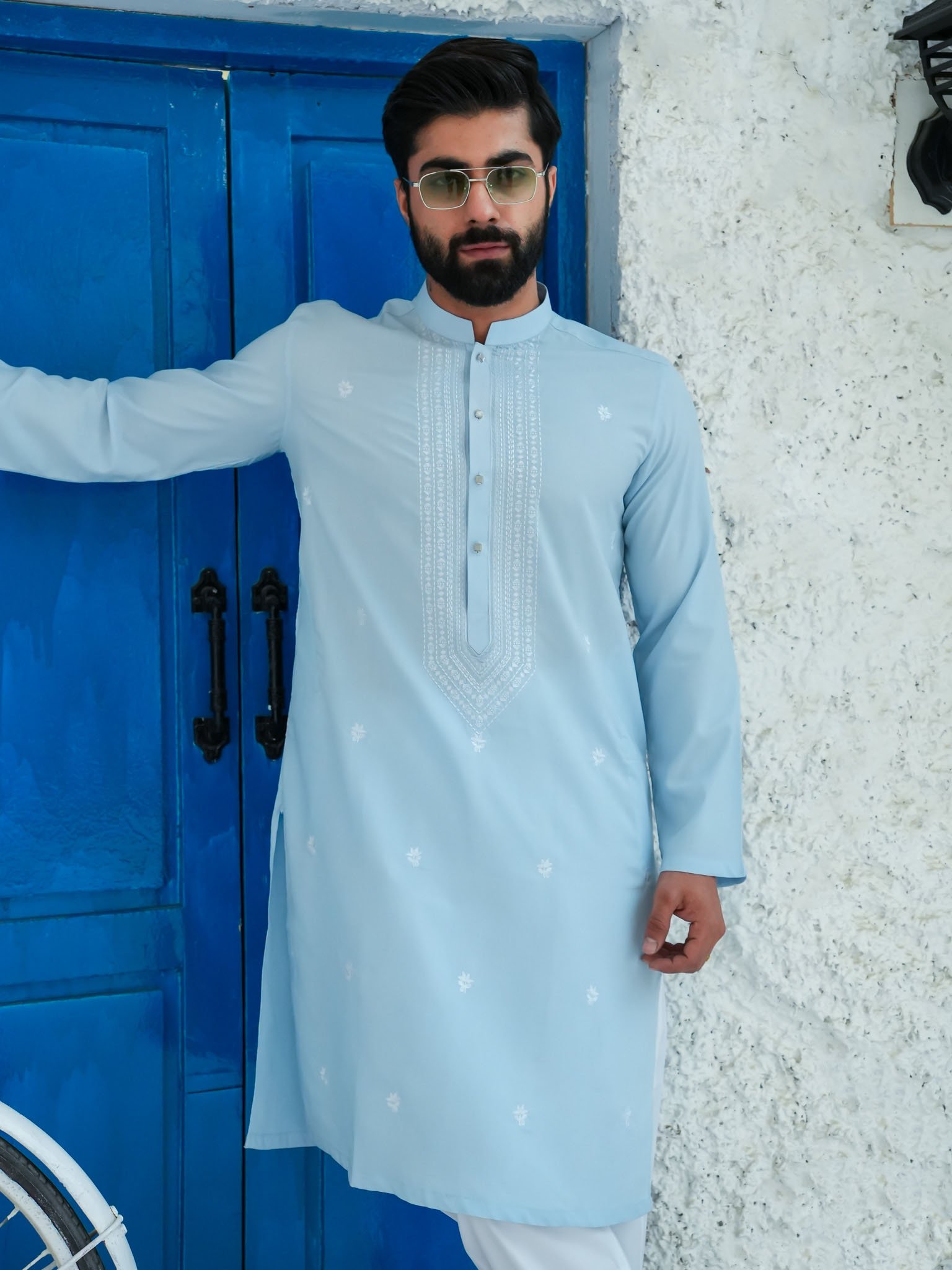 EW-103 - Sky Blue with White Resham Embroidered Kurta Pajama - Image 3