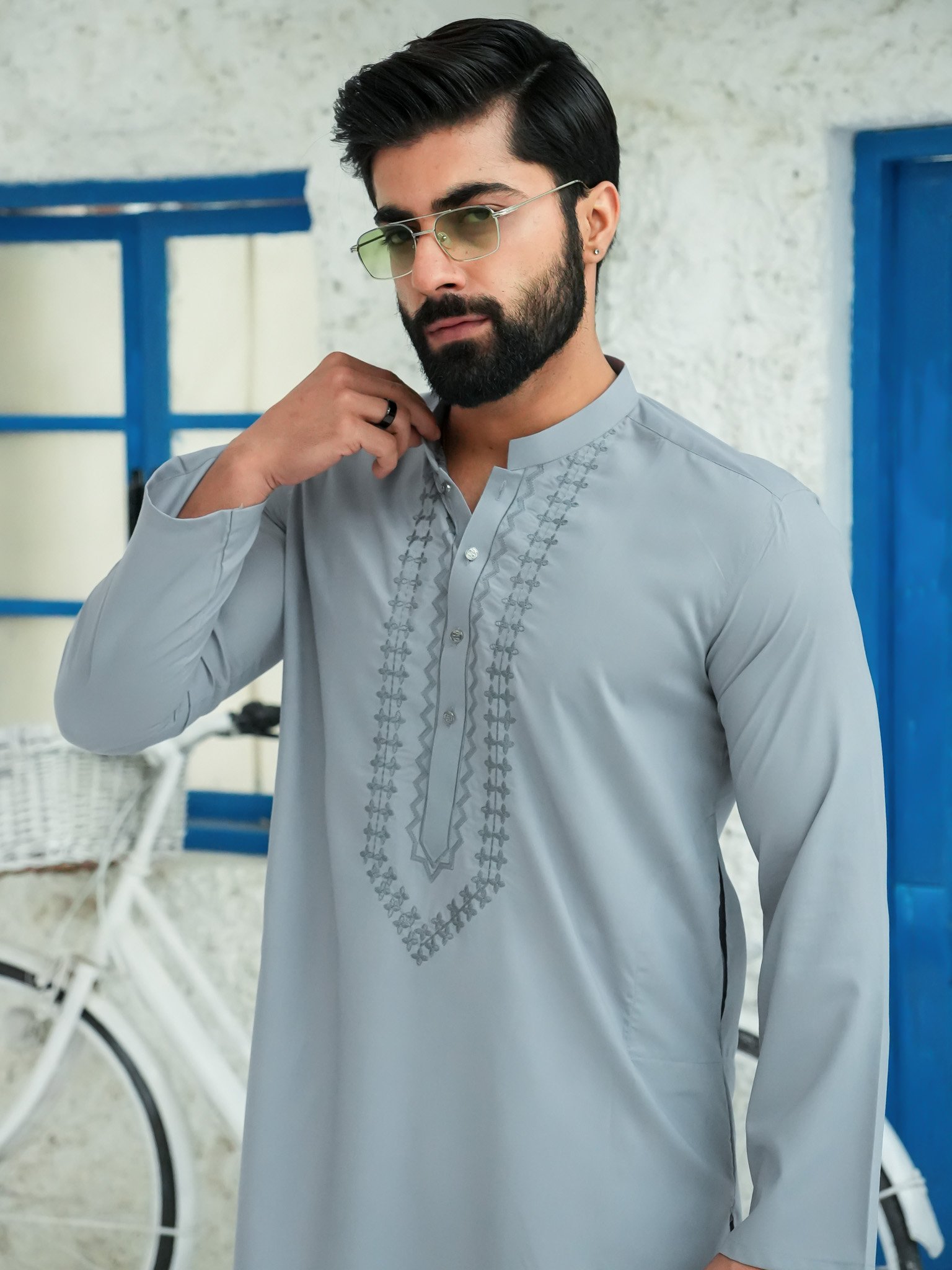 EW-104 - Dove Grey Embroidered Kurta Pajama - Image 2