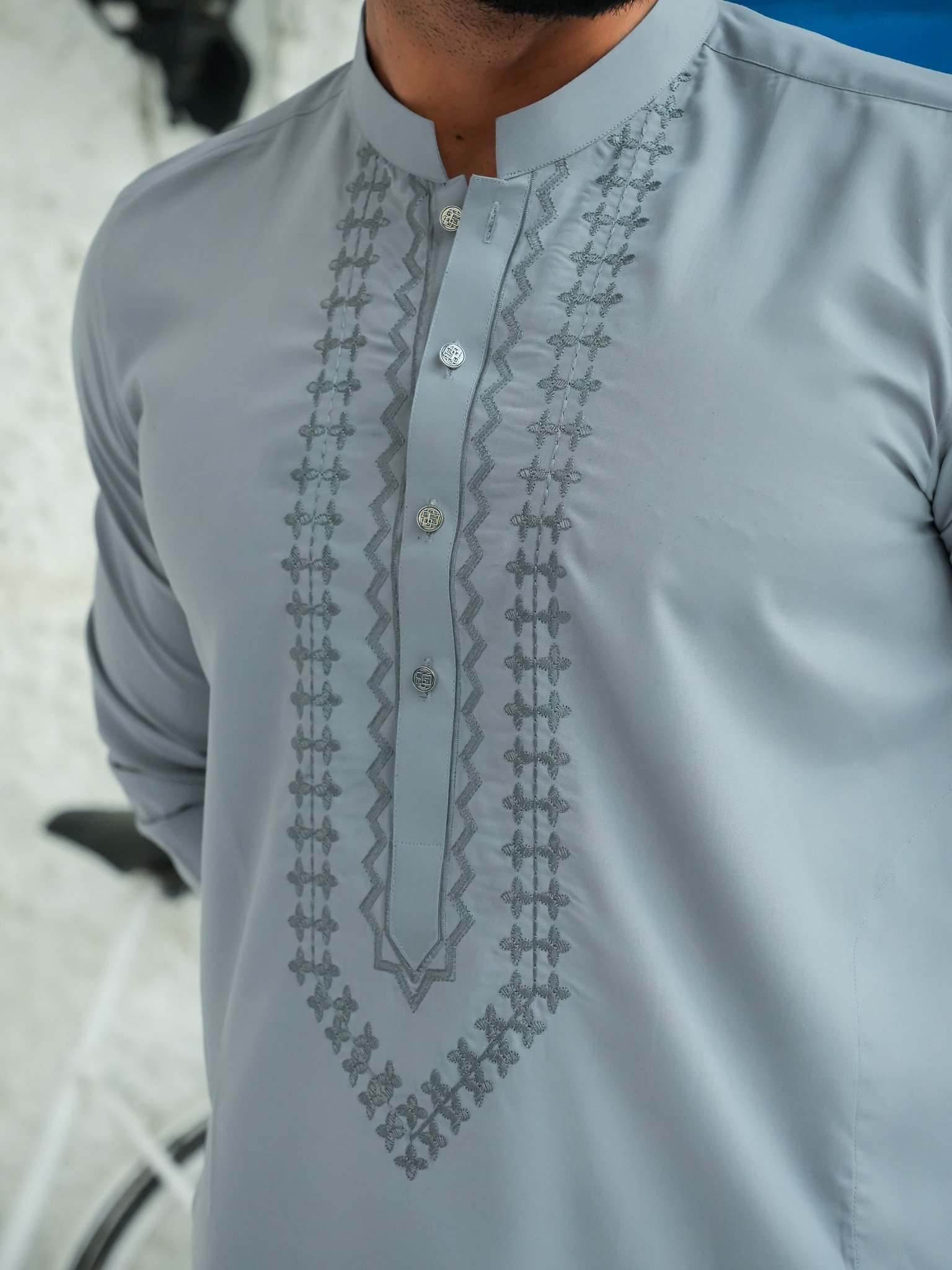 EW-104 - Dove Grey Embroidered Kurta Pajama - Image 7