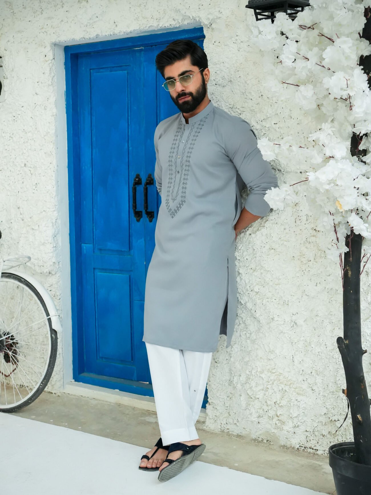 EW-104 - Dove Grey Embroidered Kurta Pajama - Image 6