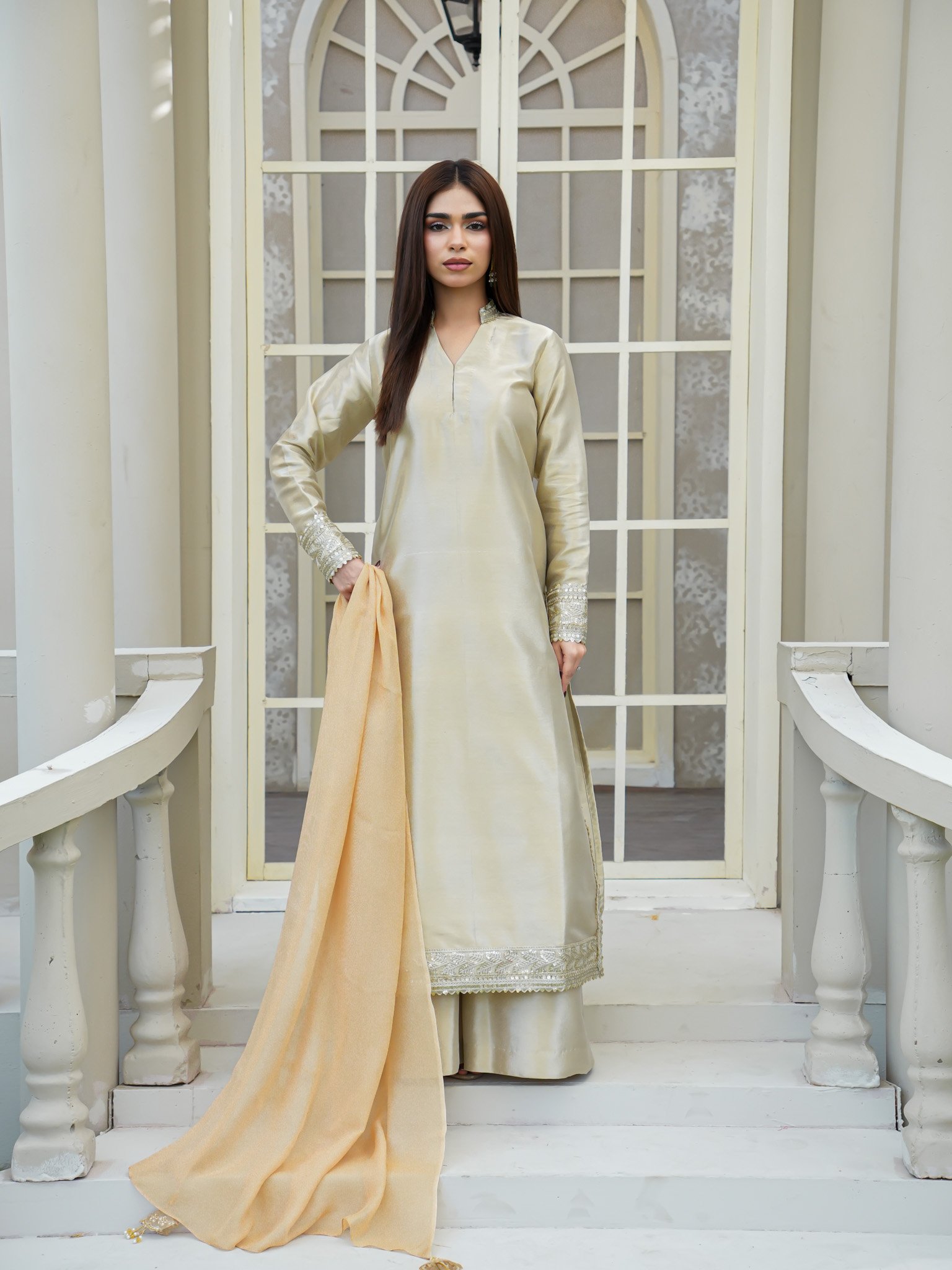 EW-106 - Stitched Suit 3 Pcs -  Shine Golden - Image 2