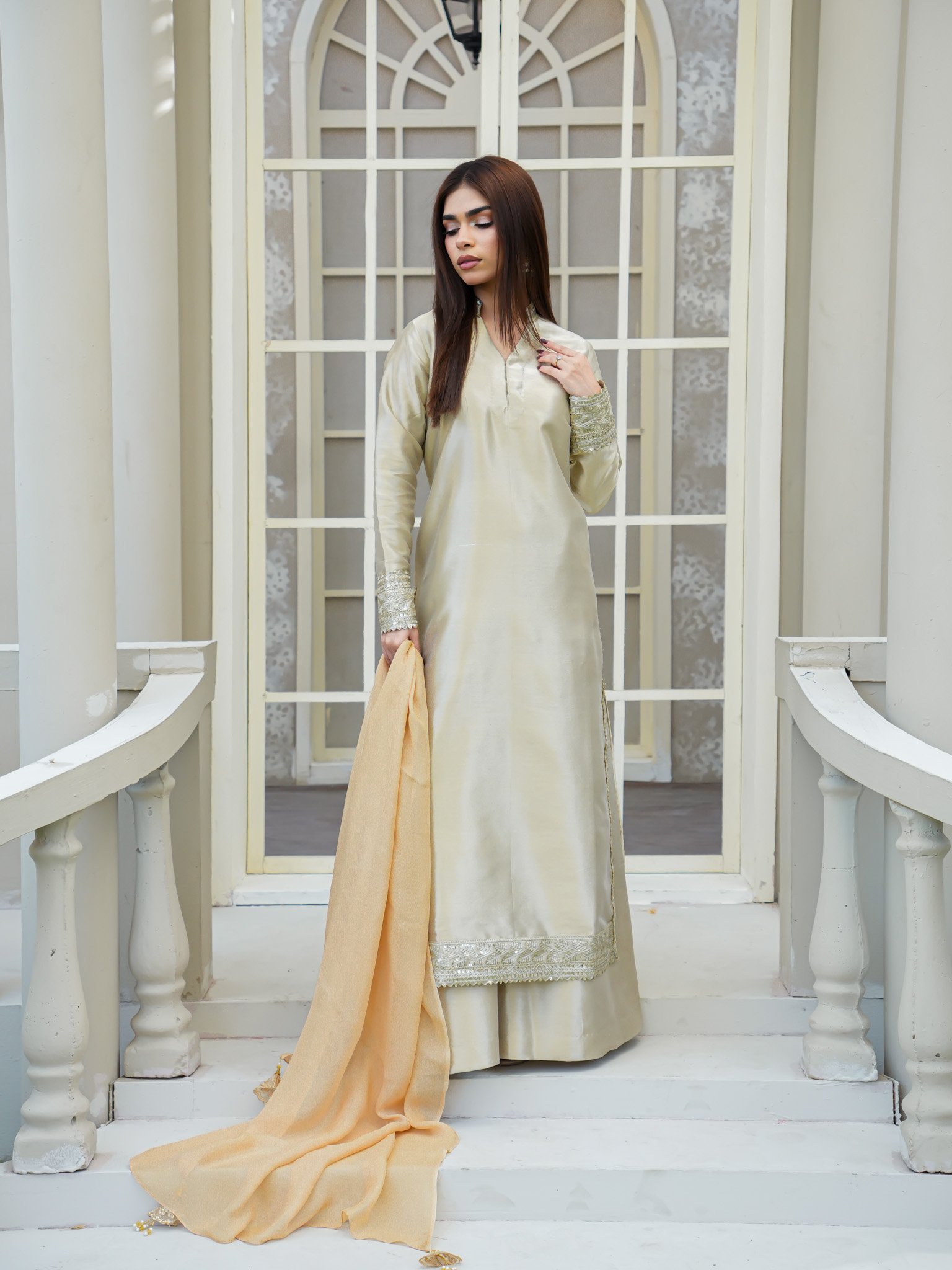 EW-106 - Stitched Suit 3 Pcs -  Shine Golden