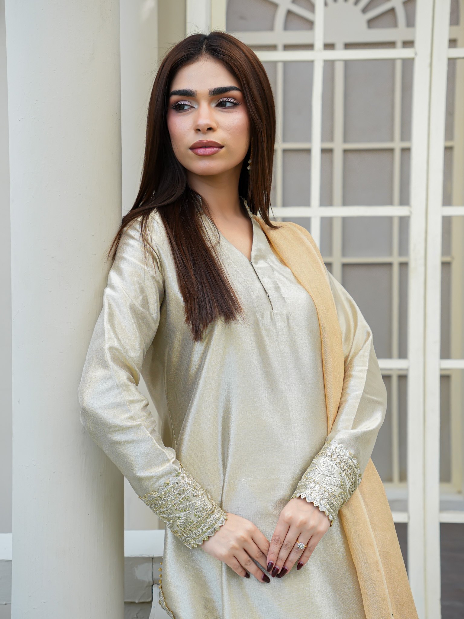 EW-106 - Stitched Suit 3 Pcs -  Shine Golden - Image 3