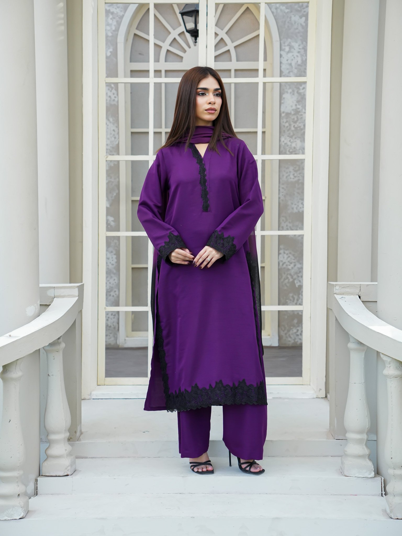 EW-112 - Stitched Suit 3 Pcs -  Plum Purple