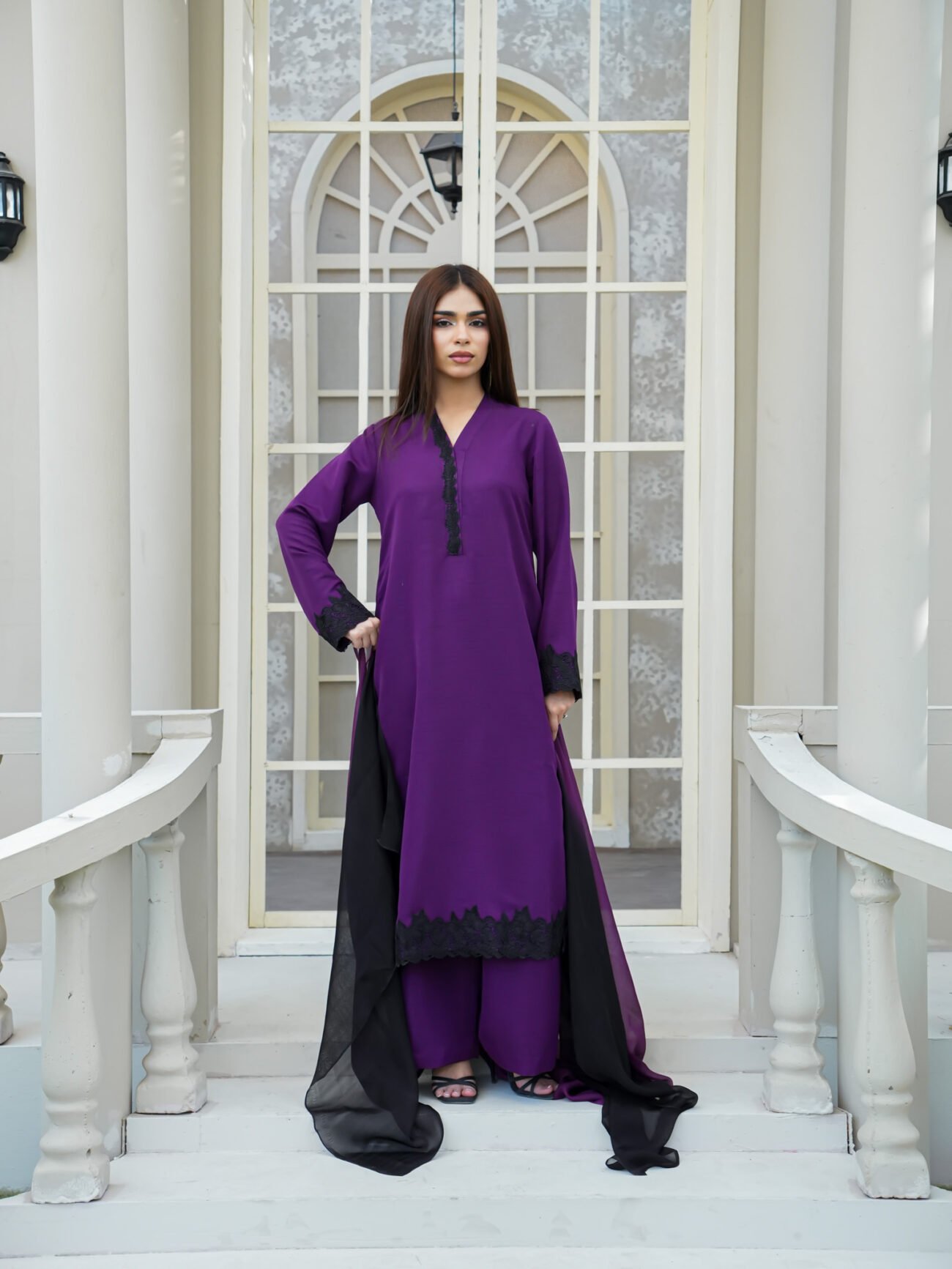 EW-112 - Stitched Suit 3 Pcs - Plum Purple - Image 2
