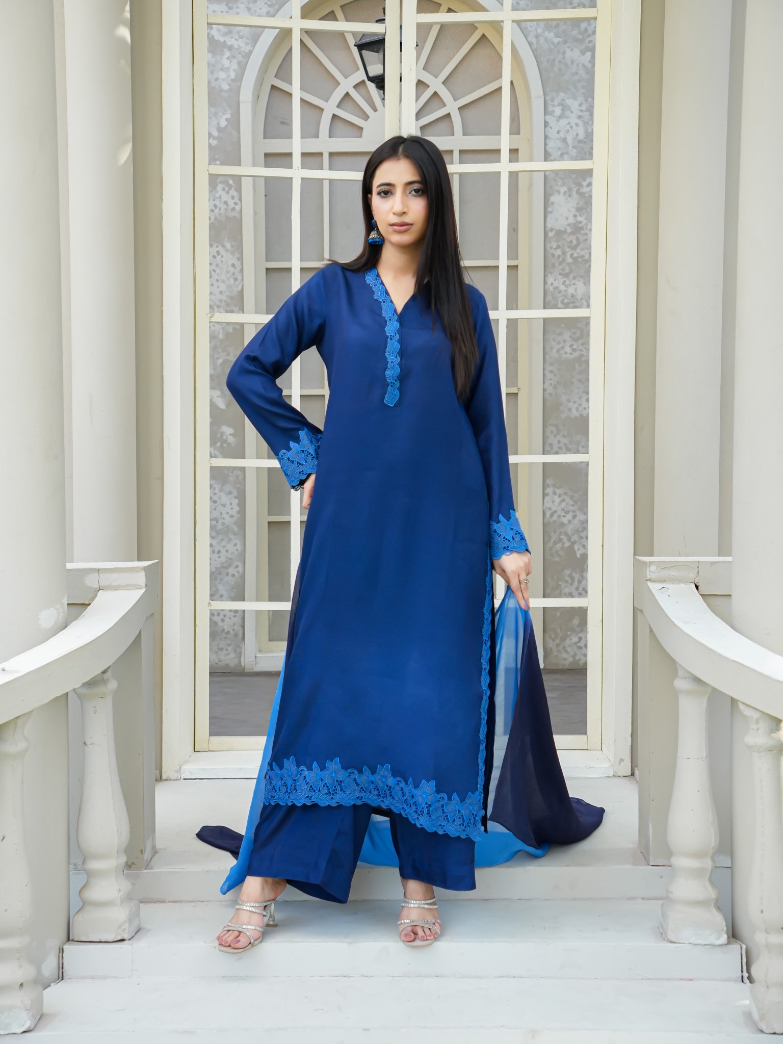 EW-113 - Stitched Suit 3 Pcs with lace work - Deep Royal Blue