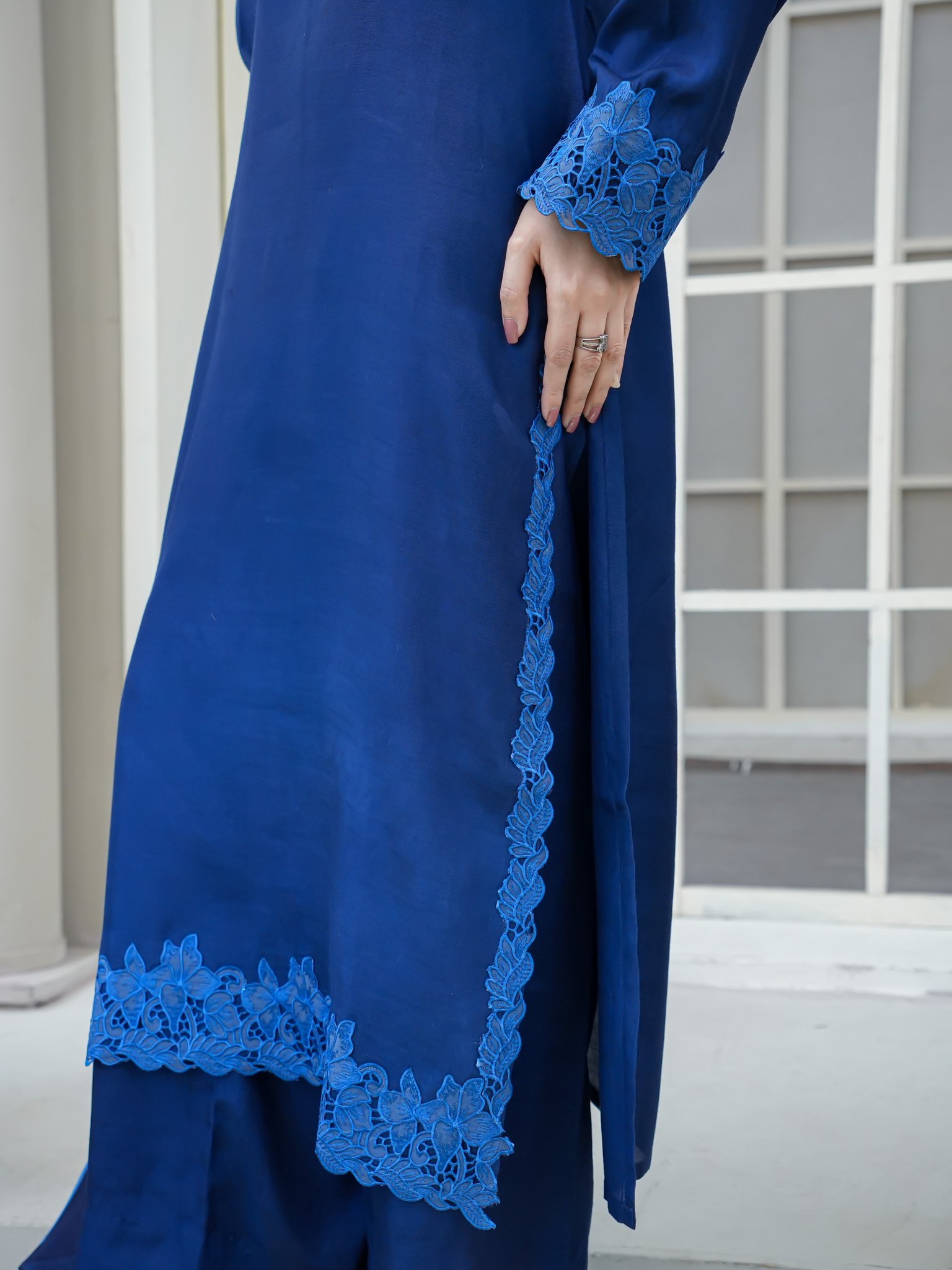 EW-113 - Stitched Suit 3 Pcs with lace work - Deep Royal Blue - Image 4