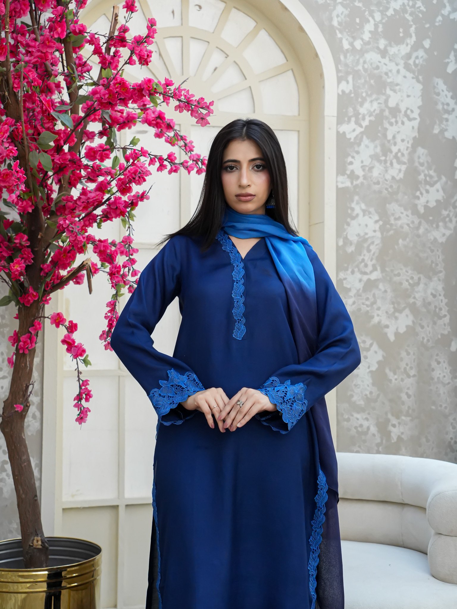 EW-113 - Stitched Suit 3 Pcs with lace work - Deep Royal Blue - Image 2