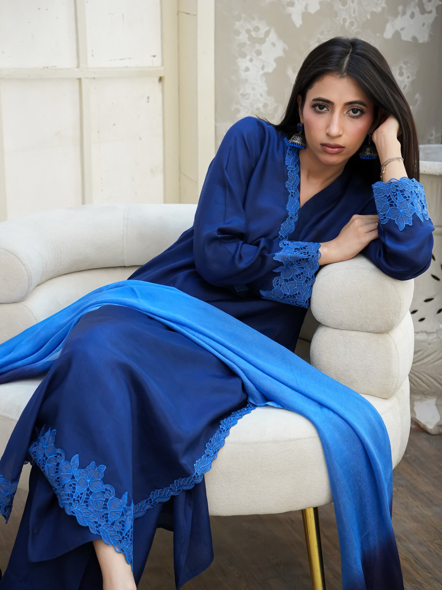 EW-113 - Stitched Suit 3 Pcs with lace work - Deep Royal Blue - Image 8