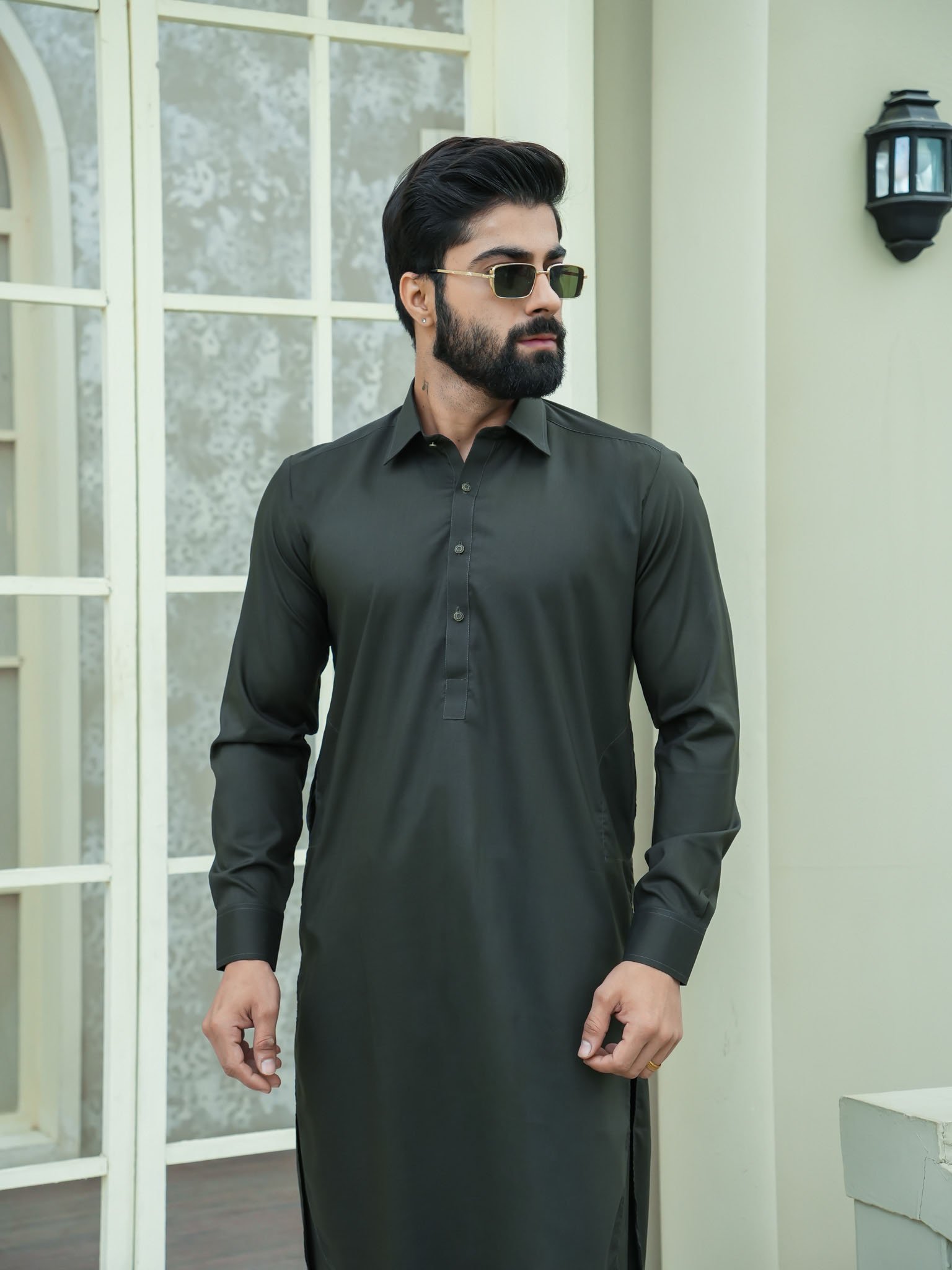 EW-98 - Dark Olive Green Kameez Shalwar - Image 2